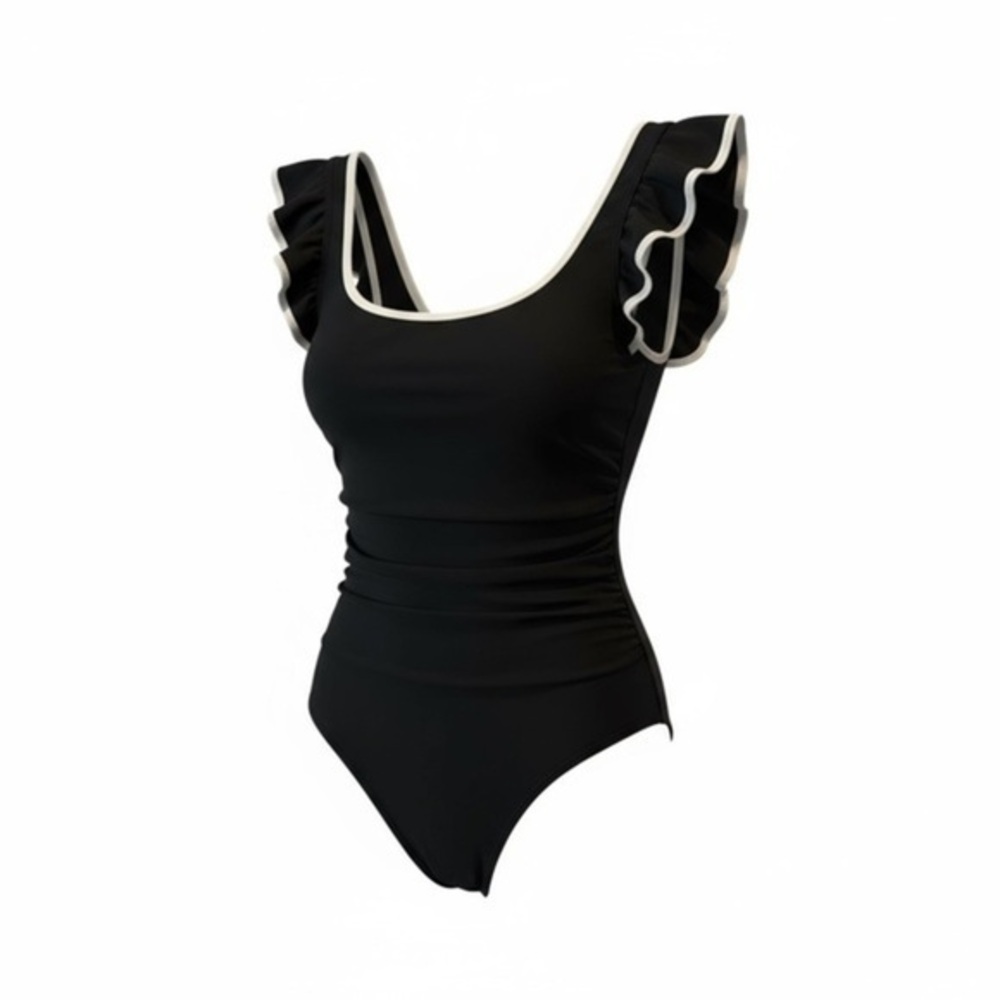 Black One-Piece Swimsuit with Ruffle Sleeves & Bow Back